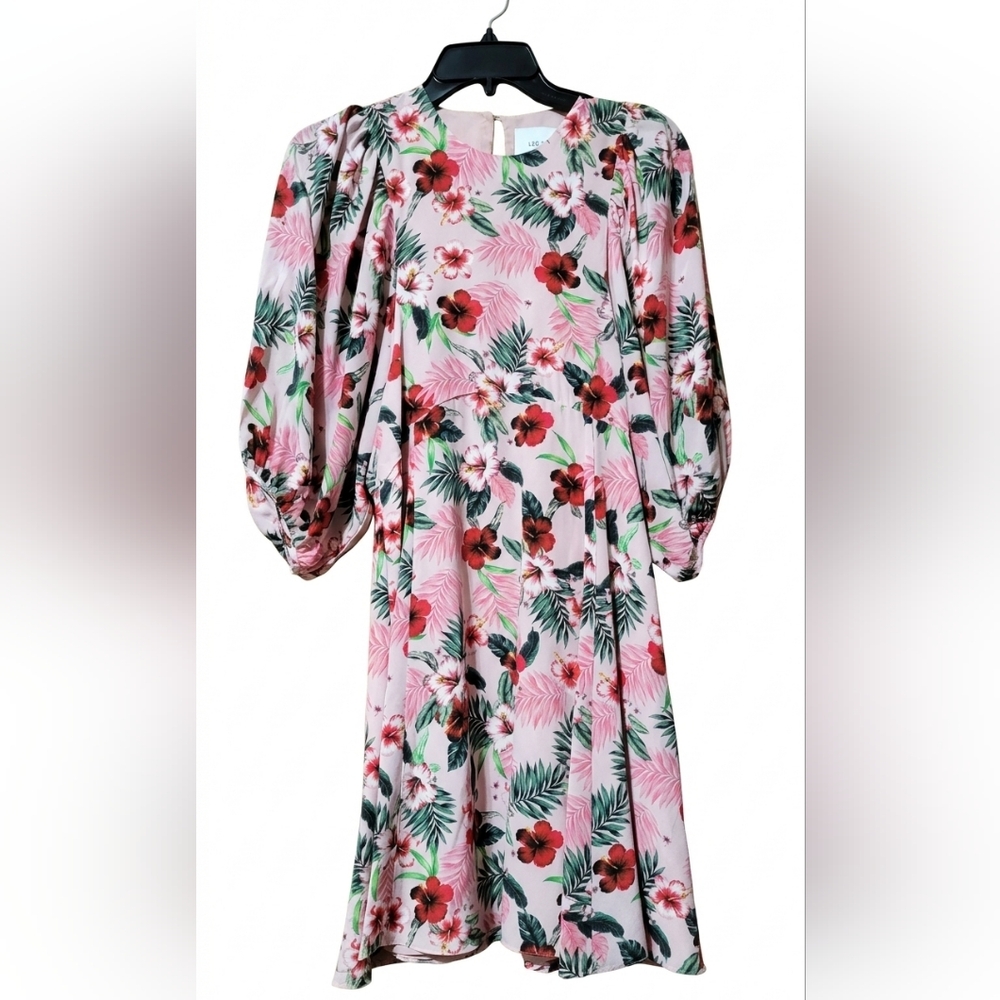 Nwt LES RÊVERIES Floral Silk Mini Dress Blouson Puff Sleeves Hibiscus Palms - Picture 4 of 12